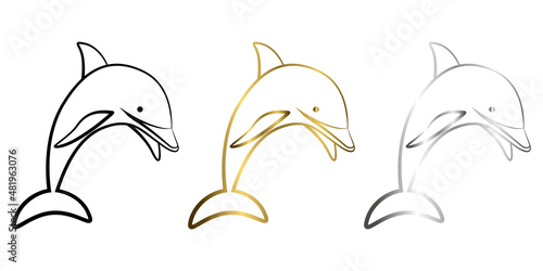 Three color black gold and silver Line art vector illustration of a dolphin
