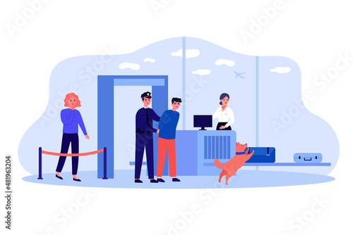 Scene of criminal arrest by police officer with dog at airport. Scared people on baggage checkpoint flat vector illustration. Security, crime concept for banner, website design or landing web page
