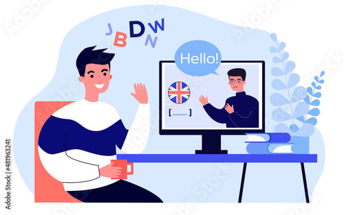 Online communication of people in video chat. Male friend greeting, talking hello in English, waving hand flat vector illustration. Friendship concept for banner, website design or landing web page