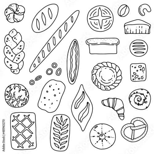 Bakery products set. Bread, loaf, baguette, croissant, pretzel, snail bun, pie in doodle style. Vector illustrtion