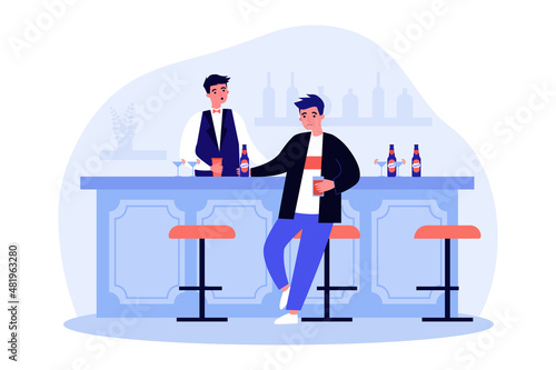 Lonely sad man drinking alcohol in bar. Depressed male character with problems sitting alone flat vector illustration. Loneliness, lifestyle concept for banner, website design or landing web page