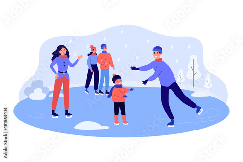 Mother, father and son skating on local ice rink. Happy fun time outdoor of woman, man and boy flat vector illustration. Winter activity, sport concept for banner, website design or landing web page