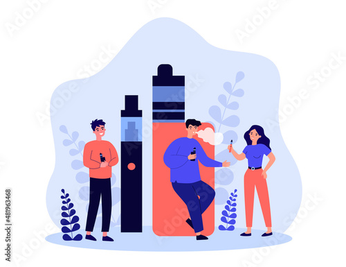 Tiny hipsters smoking alternative electronic cigarettes. Persons holding vaporizers and vaping flat vector illustration. Vape shop, lifestyle concept for banner, website design or landing web page