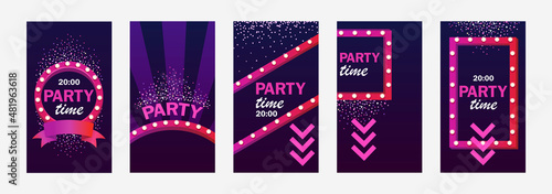 Frame with lights for a party. Vintage scenery with light bulbs for advertising cinema, theater, casino. Set of templates for banners, stories, flyers, brochures, posters. Vector illustration. EPS 10 