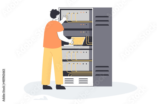 Professional electrician checking cables of switchboard panel. Engineer character with server rack, man installing network or internet flat vector illustration. Telecommunication concept for banner