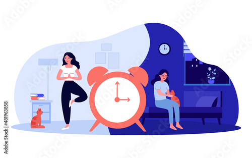 Internal biological clock, healthy lifestyle of woman. Routine of girl at night and daytime flat vector illustration. Circadian rhythms, timezone concept for banner, website design or landing web page
