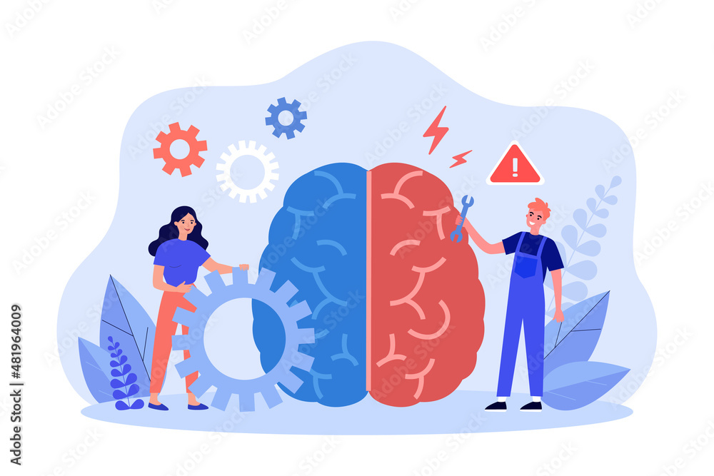 Teamwork of tiny people on broken human brain repair. Man and woman with tools and gears flat vector illustration. Mental health, business skills concept for banner, website design or landing web page Teamwork of tiny people on broken human brain repair. Man and woman with tools and gears flat vector illustration. Mental health, business skills concept for banner, website design or landing web page