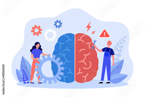 Teamwork of tiny people on broken human brain repair. Man and woman with tools and gears flat vector illustration. Mental health, business skills concept for banner, website design or landing web page