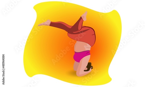 The fat woman goes in for sports and yoga. Stand upside down. gymnastics exercises. Overweight. Lose weight. Diet