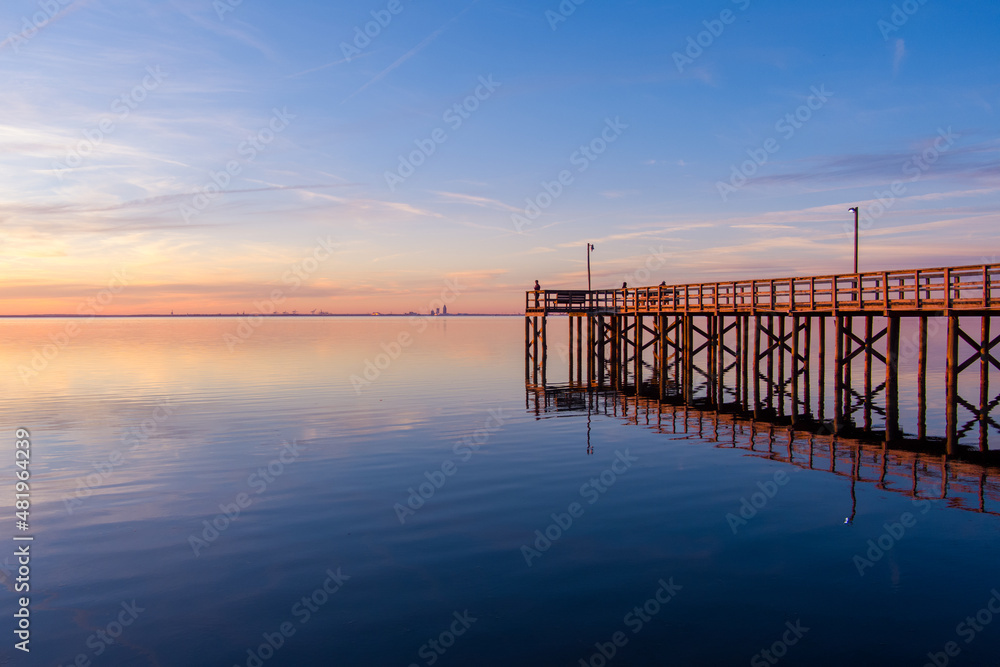 Mobile Bay pier at sunset in January of 2022