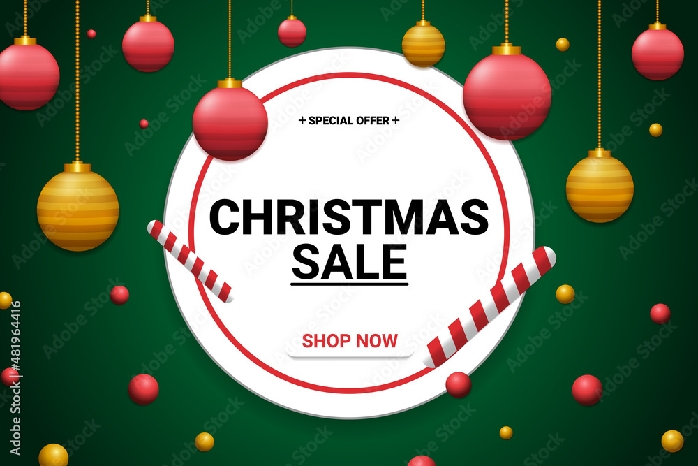 Christmas sale background design with red and golden baubles