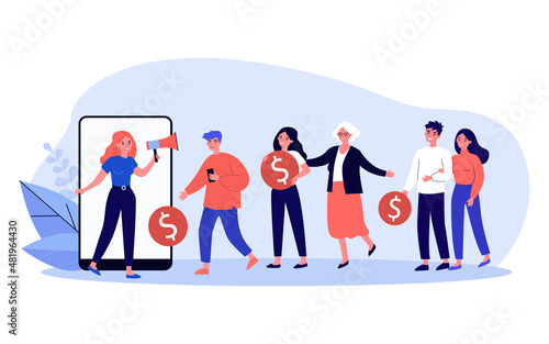 Woman with megaphone inviting friends to referral program. Tiny people carrying money flat vector illustration. Advertisement, digital marketing concept for banner, website design or landing web page