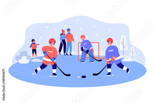 Kids playing hockey game on ice rink in city park. Boys in helmets skating, holding hockey sticks flat vector illustration. Winter sports concept for banner, website design or landing web page