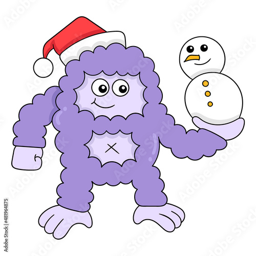 thick furry creature holding christmas snowman, doodle icon image kawaii