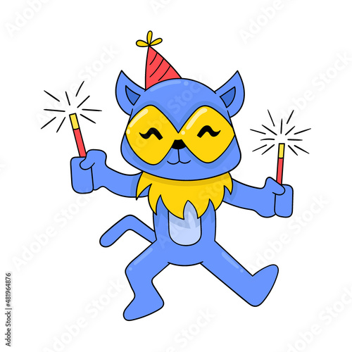 the weasel is celebrating the new year holding fireworks, doodle icon image kawaii