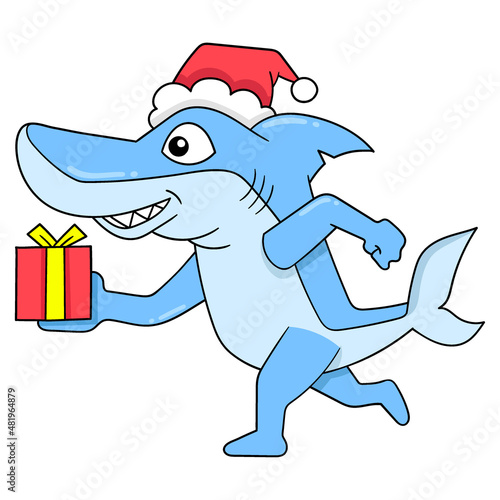 walking shark carrying a christmas present, doodle icon image kawaii