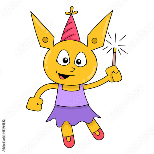 yellow female cat carrying fireworks, doodle icon image kawaii