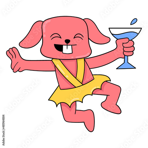 a puppy wearing a waiter outfit is carrying a drink, doodle icon image kawaii