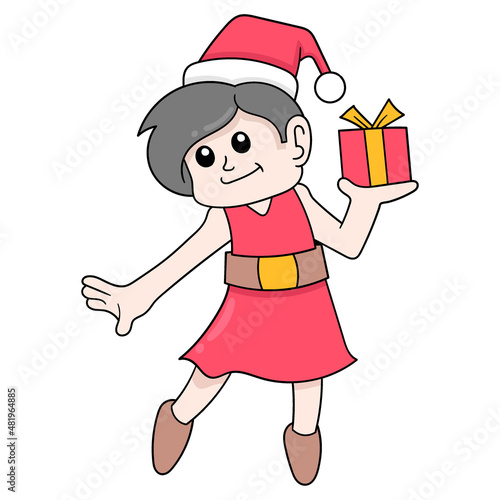 beautiful girl celebrating christmas bringing gifts, doodle icon image kawaii