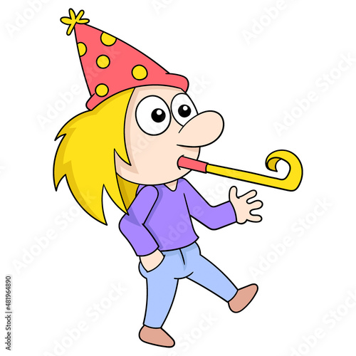 boy celebrates birthday bringing party supplies, doodle icon image kawaii