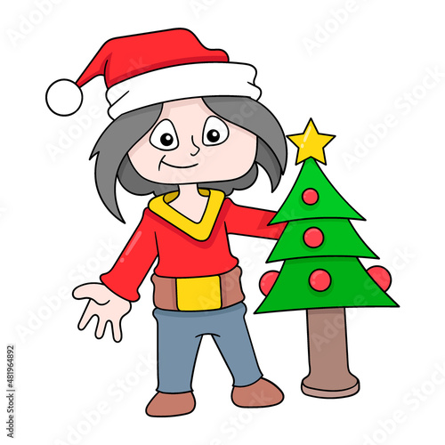 boy is standing near the christmas fir tree, doodle icon image kawaii