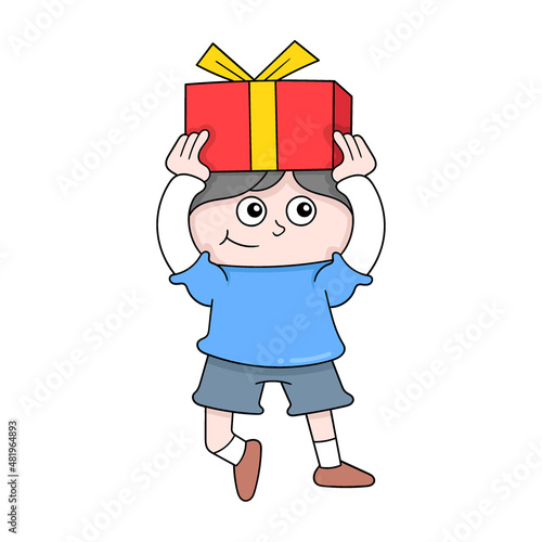 boy brings gifts for birthday surprise, doodle icon image kawaii