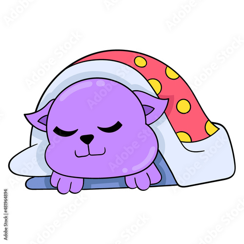 cute cat is fast asleep in the blanket, doodle icon image kawaii