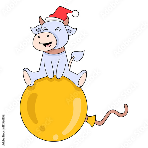 cows celebrating christmas party riding balloons, doodle icon image kawaii