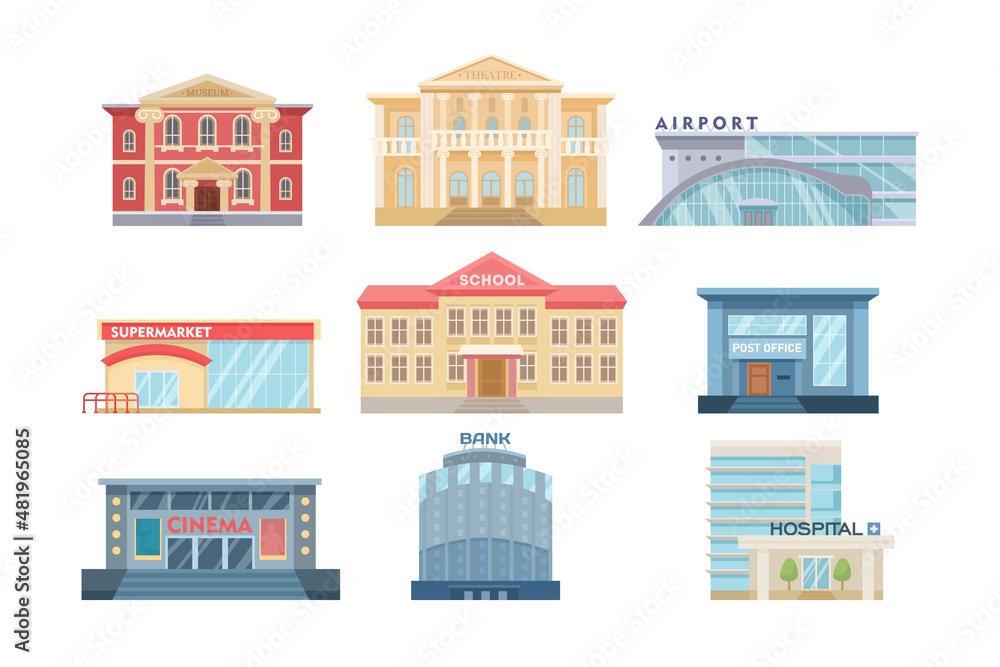 Modern exteriors of city buildings set. Vector illustrations of houses with facades. Cartoon museum hospital school supermarket airport cinema post office isolated on white. Cityscape, urban concept