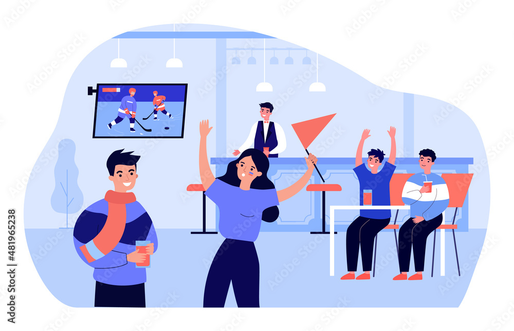Fans watching hockey match on TV in interior of bar. Female supporter encouraging, holding flag flat vector illustration. Sport game, event concept for banner, website design or landing web page