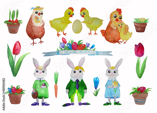 Watercolor set of easter elements. Rabbits, chickens, flowers and pots with decorative eggs.