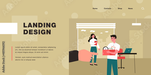 Dismissal of office worker flat vector illustration..Cartoon huge boss hand indicating exit of upset employee holding box with his belongings. Failure, job loss, career, stress, business concept