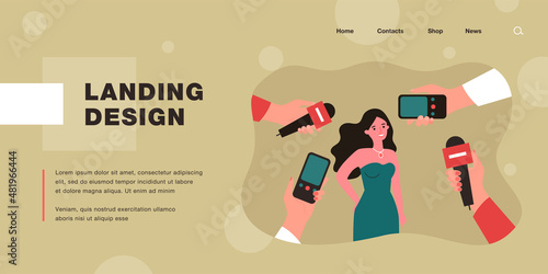 Female cartoon celebrity in dress and hands with mics. Journalists interviewing famous actress flat vector illustration. Interview, media concept for banner, website design or landing web page