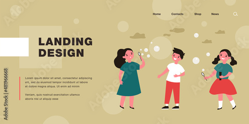 Cute cartoon children blowing soap bubbles outside together. Happy kids having fun in park flat vector illustration. Childhood, outdoor activity concept for banner, website design or landing web page