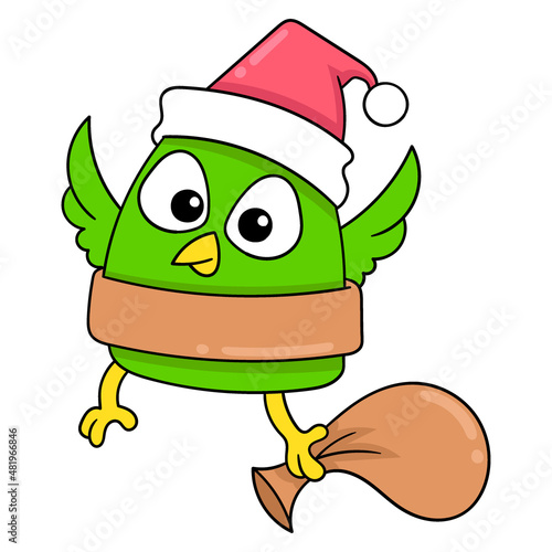 little bird celebrating christmas flying, doodle icon image kawaii