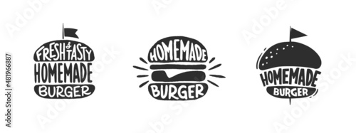 Set of homemade burger retro logo, emblem. Lettering typography poster