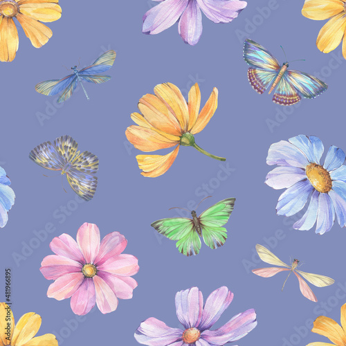 Floral  botanical seamless pattern. Watercolor ornament of flowers  butterflies and dragonflies on an abstract background.