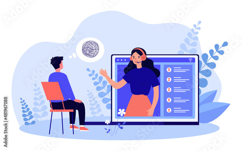 Online therapy to person with confusion in head. Conversation of female psychologist with headset and man flat vector illustration. Psychology concept for banner, website design or landing web page