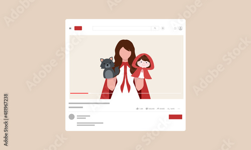 A woman wearing a red cloak playing little red riding hood puppets show online for kids. Online babysitting and education concept.