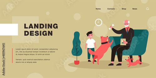 Grandfather and grandson playing with dogs in living room. Flat vector illustration. Boy, puppy, grandpa sitting in armchair, feeding dog. Family, pet, training, childhood concept for banner design