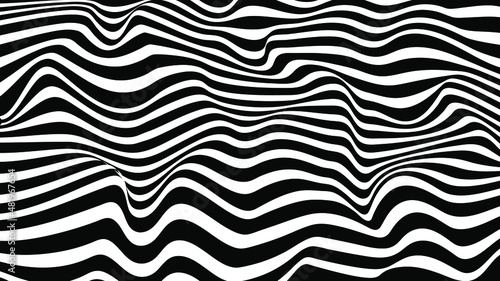 Zebra pattern wallpaper on wavy lines style. Black and white background. Illusion graphic.