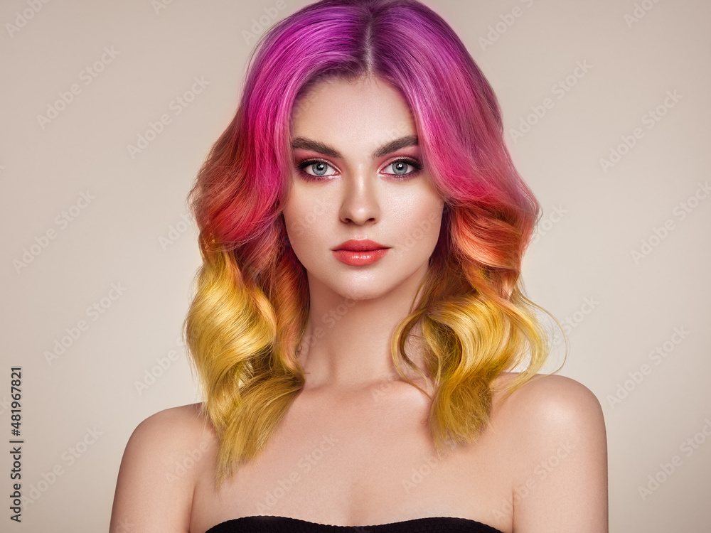 Beauty Fashion Model Woman with Colorful Dyed Hair. Girl with Perfect Makeup and Hairstyle. Model with Perfect Healthy Dyed Hair. Care and Beauty Hair Products Beauty Fashion Model Woman with Colorful Dyed Hair. Girl with Perfect Makeup and Hairstyle. Model with Perfect Healthy Dyed Hair. Care and Beauty Hair Products