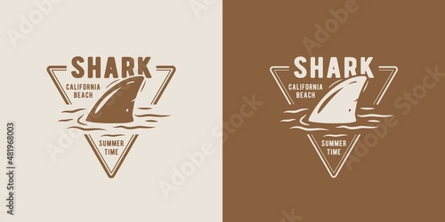 Surfing print of shark fin and surf board on waves. Vector illustration hawaii summer t-shirt design