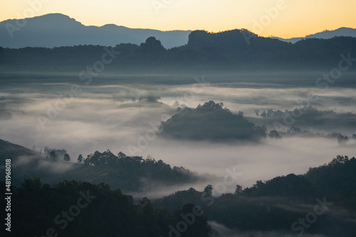 Beautiful Landscape layers of light and fog, sunrise at Mae hong son, Thailand