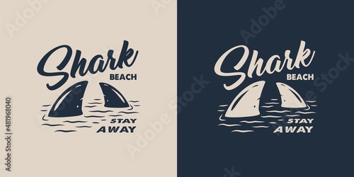 Surfing print of shark fin and surf board on waves. Vector illustration hawaii summer t-shirt design
