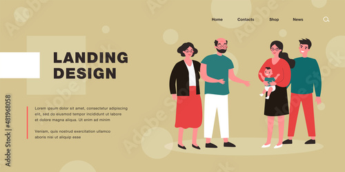 Happy parents showing newborn to grandparents. Baby, grandpa, grandma flat vector illustration. Family and parenthood concept for banner, website design or landing web page