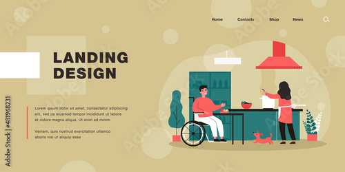 Wife cooking for her disabled husband. Cartoon vector illustration. Woman cooking dinner for smiling man sitting in wheelchair and happy dog in kitchen. Family, care, cooking, disability concept