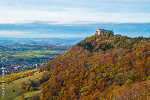 Germany  Aerial panorama view on hohenneufen castle swabian jura on top of a mountain at neuffen town in autumn season