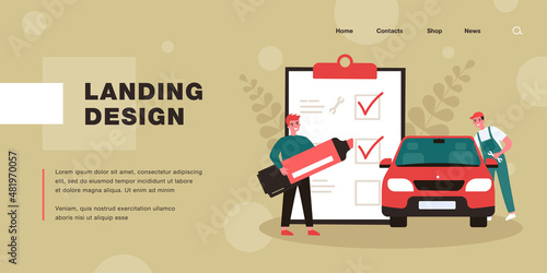 Car technical inspection flat vector illustration. Cartoon employee repairing or inspecting car while owner marking items on giant list. Diagnostic, repair, maintenance concept for banner design