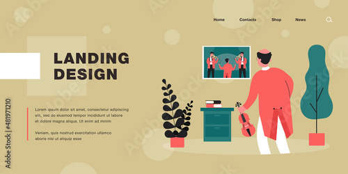 Old violinist watching musical performance on TV. Elder with violin, musicians playing instruments flat vector illustration. Music, nostalgia concept for banner, website design or landing web page